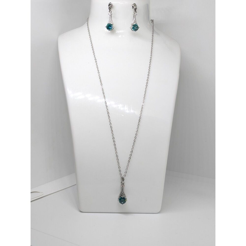 ​925 Sterling Silver Green Emerald CZ Round Pendant Necklace & Drop Earrings Set